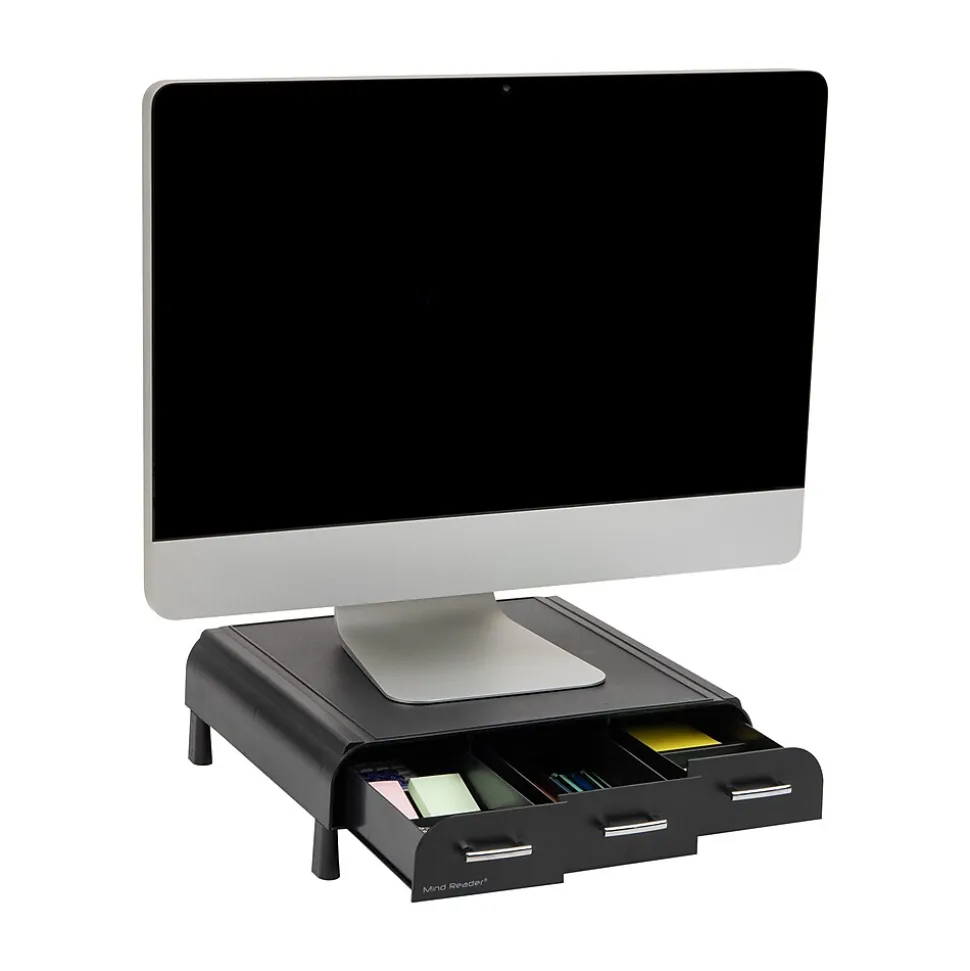 Monitor Stand and Desktop Organizer with 3 Storage Drawers, Black (MONSTA3D-BLK) | Mind Reader Outlet