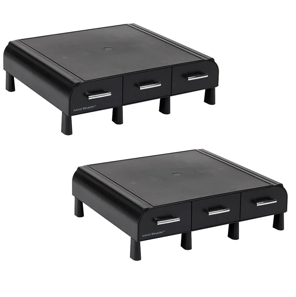 Monitor Stand and Desktop Organizer with 3 Storage Drawers, Black, 2/Pack (2MONSTA3D-BLK) | Mind Reader Clearance