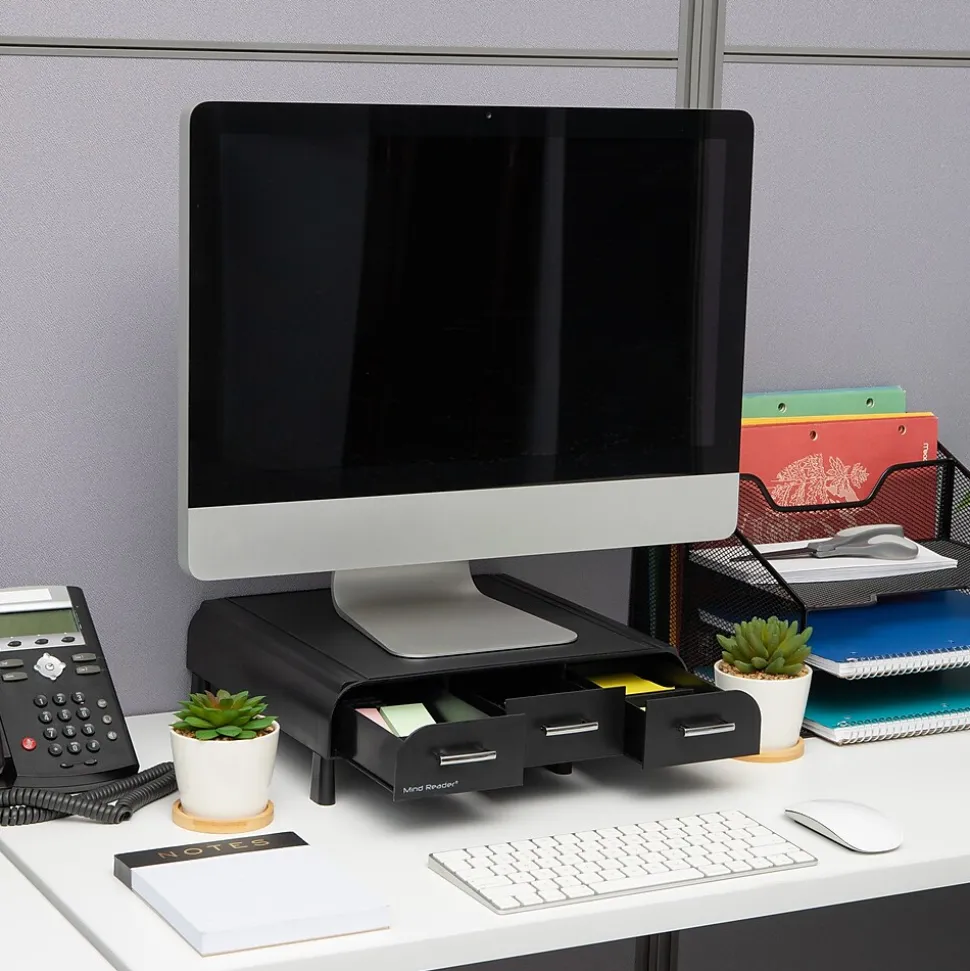 Monitor Stand and Desktop Organizer with 3 Storage Drawers, Black, 2/Pack (2MONSTA3D-BLK) | Mind Reader Clearance