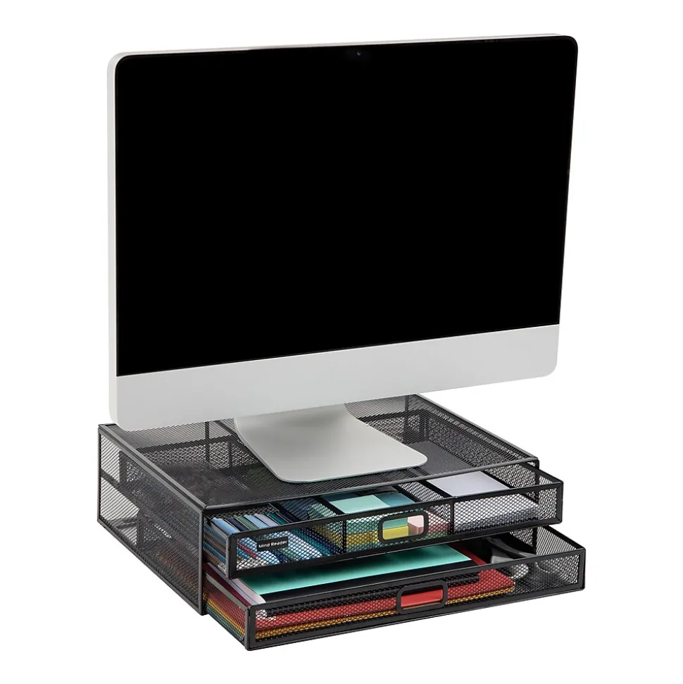 Monitor Stand Laptop Riser with Storage Drawer, Black (2TDMESHY-BLK) | Mind Reader Fashion