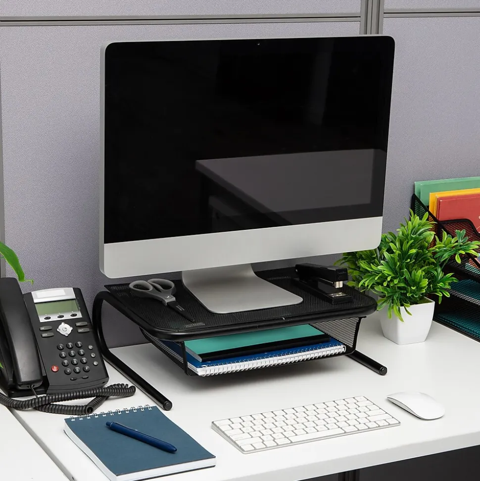 Monitor Stand Ventilated with Paper Tray, Black (MESHKING-BLK) | Mind Reader Outlet