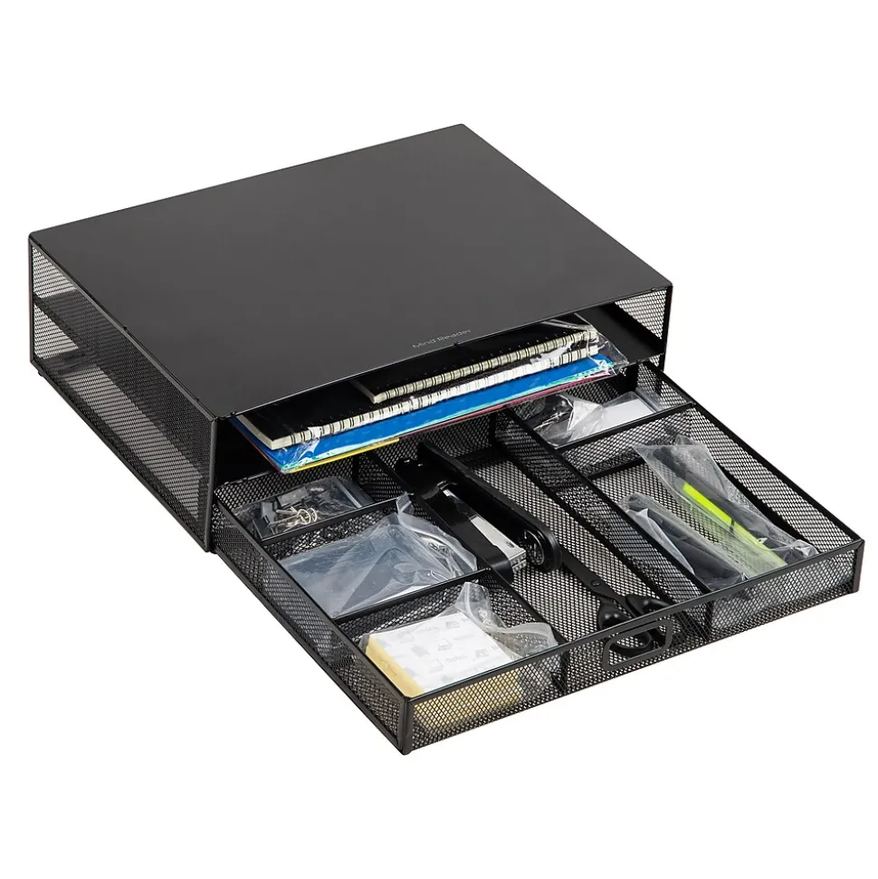Monitor Stand with Office Supplies Included, Black (MONSET-BLK) | Mind Reader Outlet
