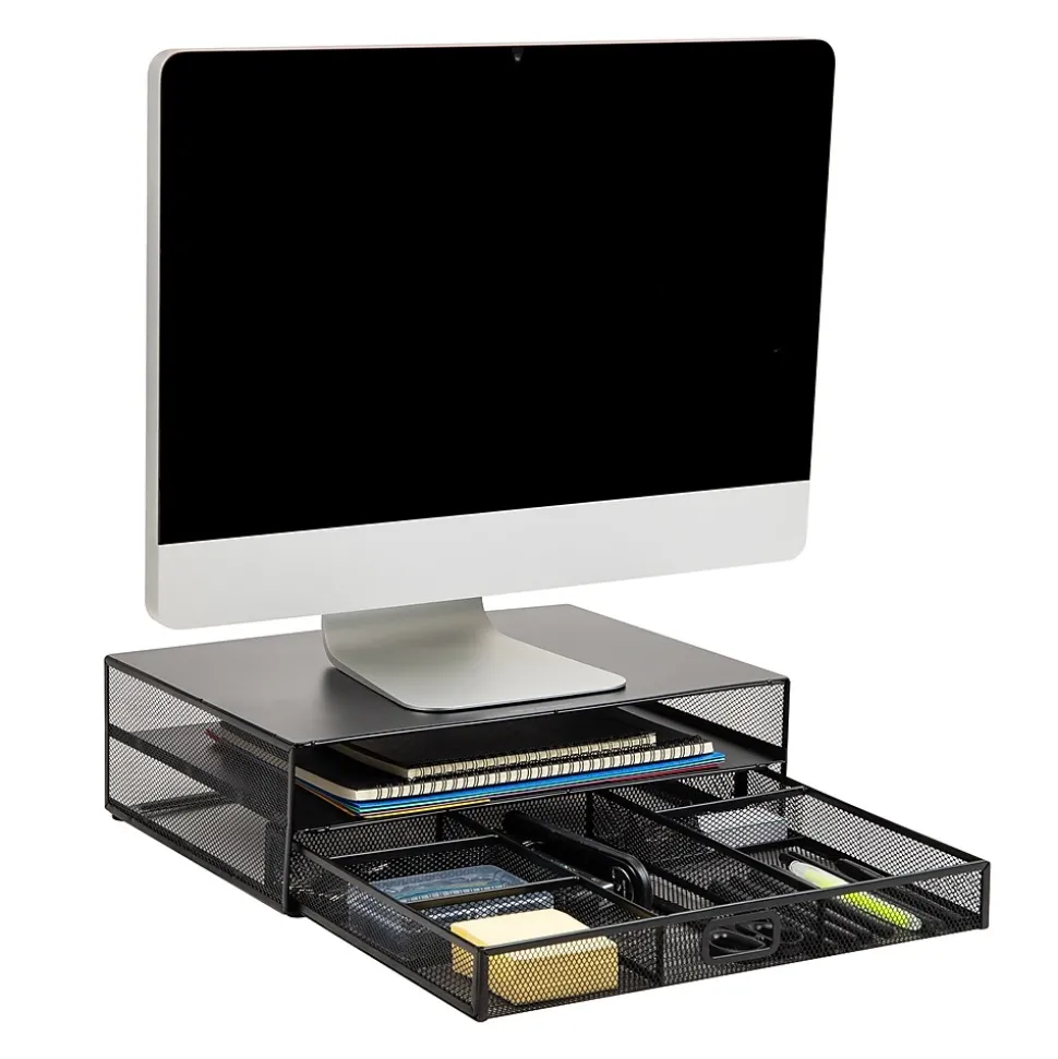 Monitor Stand with Office Supplies Included, Black (MONSET-BLK) | Mind Reader Outlet