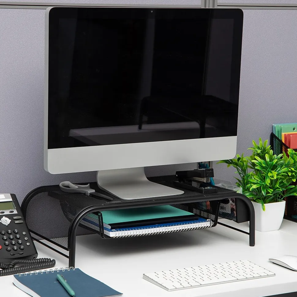 Monitor Stand with Paper Tray, Up to 24" Monitor, Black, 2/Pack (2MESHMON-BLK) | Mind Reader Store