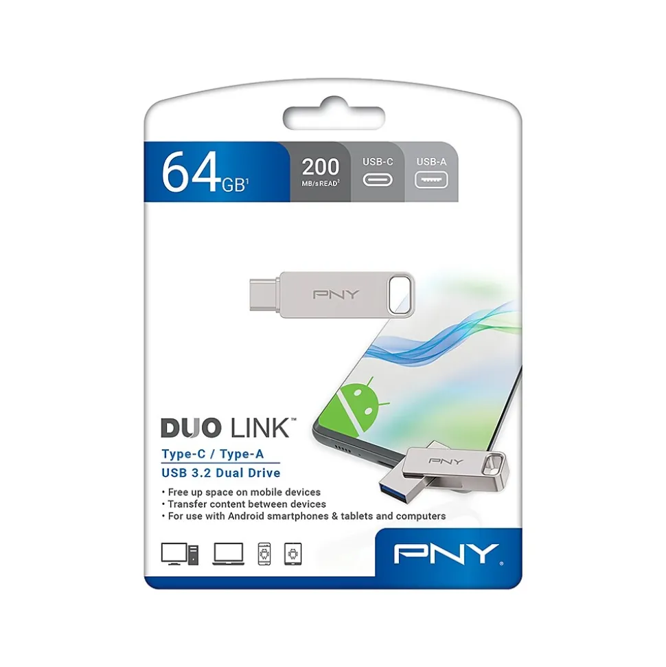 DUO LINK Dual 64GB USB 3.2 Type C Flash Drive, Silver (P-FDI64GDULINKT) | PNY Fashion