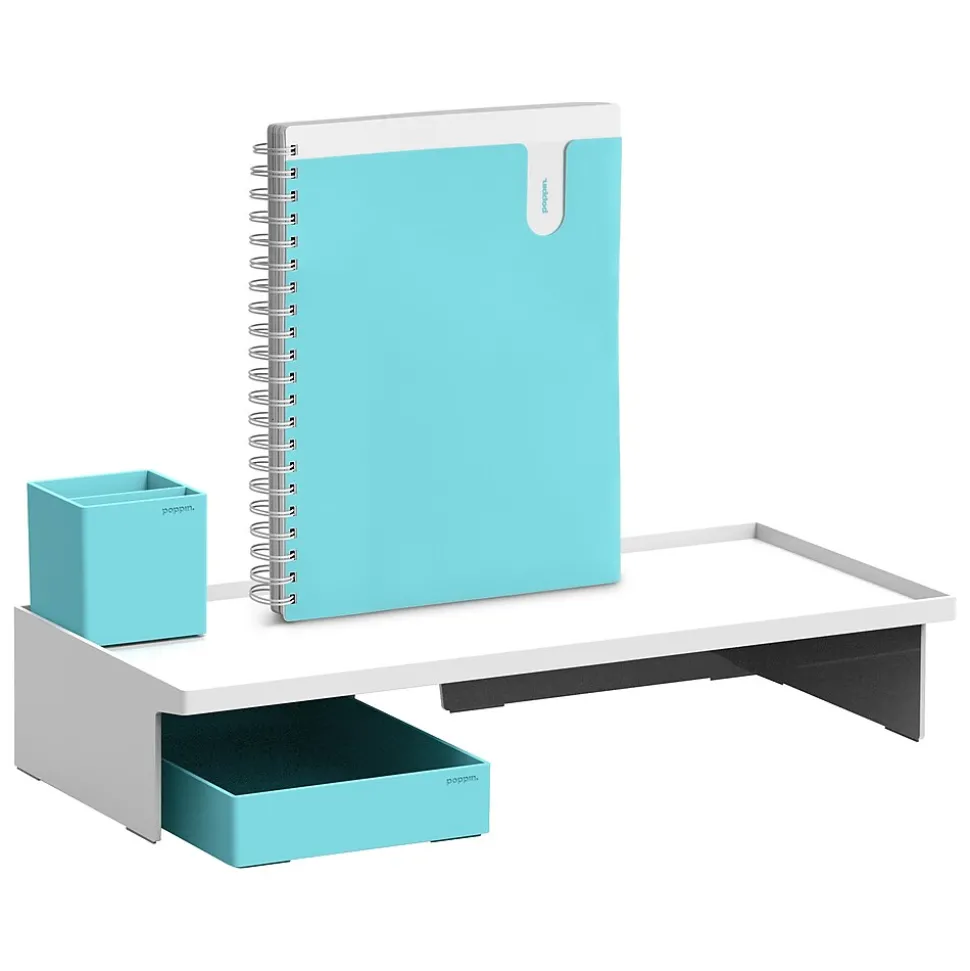 Monitor Riser with Accessory Kit, White/Aqua (108721) | Poppin New