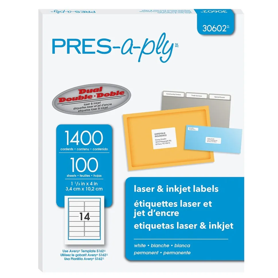 PRES-a-ply Laser/Inkjet Address Labels, 1-1/3" x 4", White, 1,400 Labels/Box (30602) | Avery Cheap