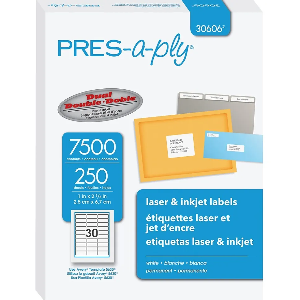 Laser/Inkjet Address Labels, 1" x 2-5/8", White, 7,500 Labels/Box (30606) | Pres-a-ply Store