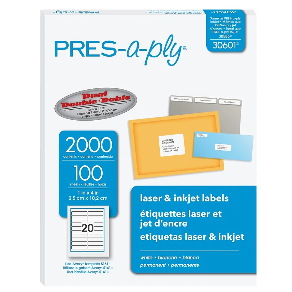 PRES-a-ply Laser/Inkjet Address Labels, 1" x 4", White, 20 Labels/Sheet, 100 Sheets/Box, 2,000 Labels/Box (30601) | Avery Outlet