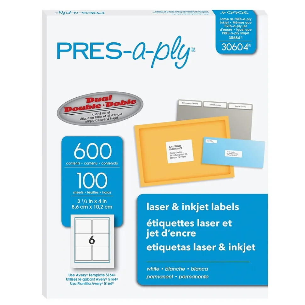 Laser/Inkjet Shipping Labels, 3-1/3" x 4", White, 600 Labels/Box (30604) | Pres-a-ply Cheap