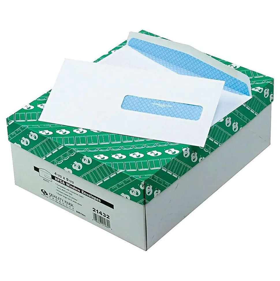 Gummed Security Tinted Business Envelopes, 4 1/2" x 9 1/2", White Wove, 500/Box (QUA21432) | Quality Park Hot