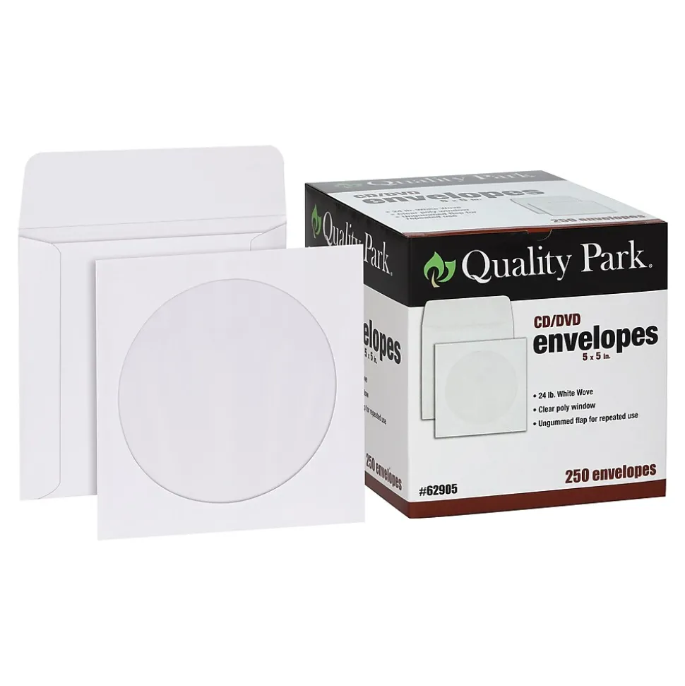 Open End CD/DVD Envelopes, 5" x 5", White Wove, 250/Box (QUA62905) | Quality Park Discount