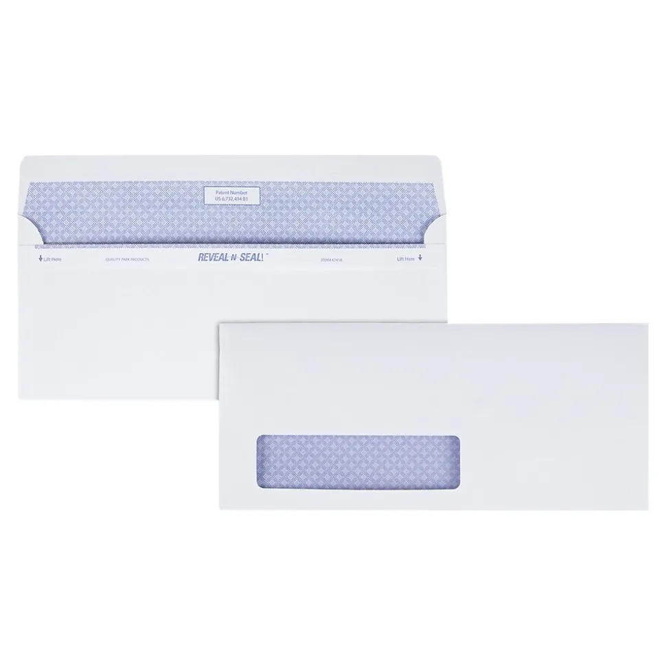 Reveal-N-Seal Security Tinted #10 Window Envelope, 4 1/8" x 9 1/2", White Wove, 500/Box (67418) | Quality Park Cheap