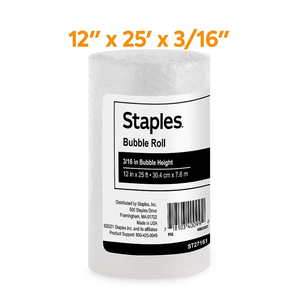 3/16" Bubble Roll, 12" x 25', Clear (4069426) | Staples Discount