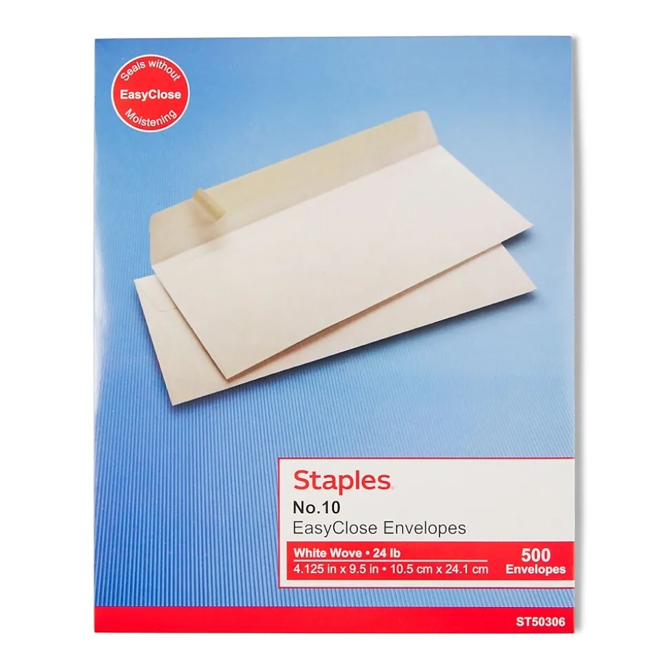 EasyClose #10 Business Envelopes, 4 1/8" x 9 1/2", White, 500/Box (50306) | Staples Cheap