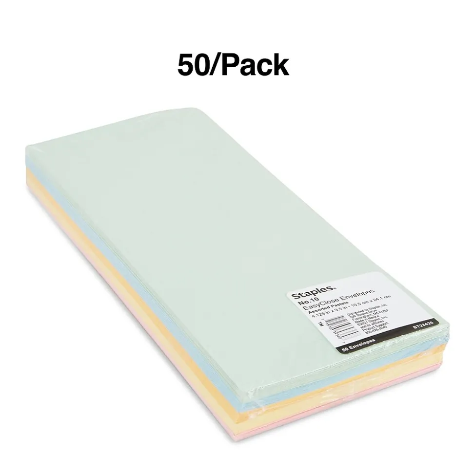 EasyClose Self Seal #10 Business Envelopes, 4 1/8" x 9 1/2", Assorted Pastels, 50/Pack (23425) | Staples Sale