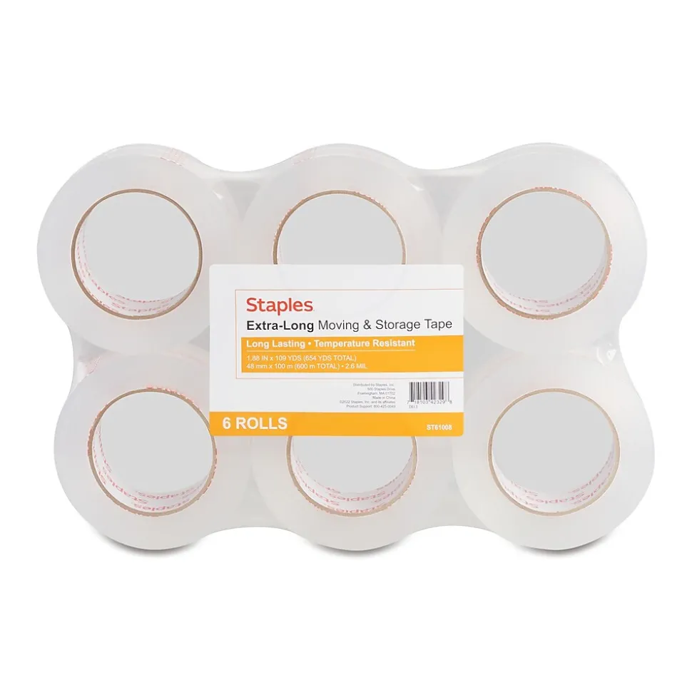 ® Extra-Long Moving and Storage Packing Tape, 1.88"W x 109 yds., Clear, 6 Rolls (52208/ST-A26-L6) | Staples Store