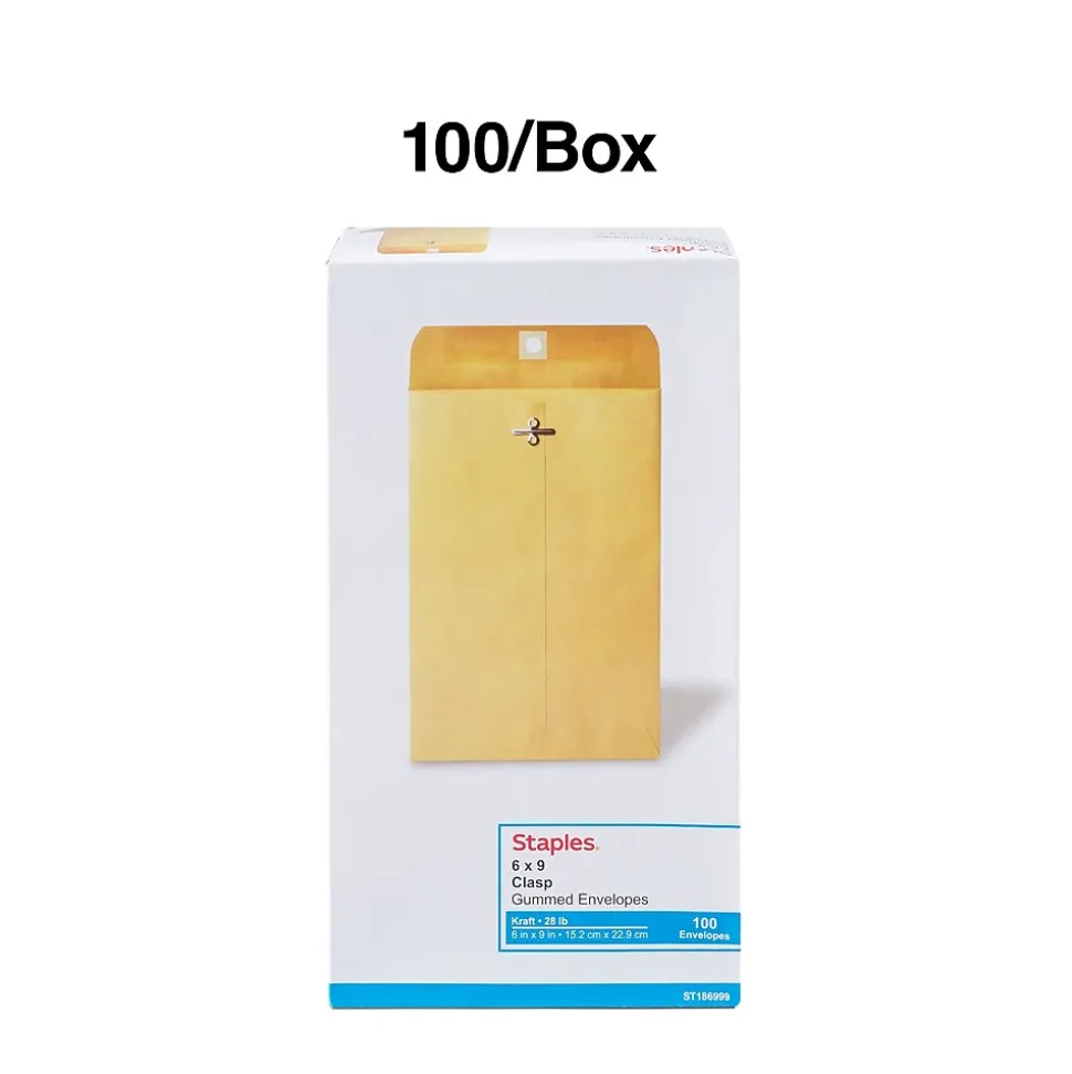 Kraft Clasp & Moistenable Glue Catalog Envelopes, 6" x 9", Brown, 100/Box (ST186999-CC) | Staples Sale