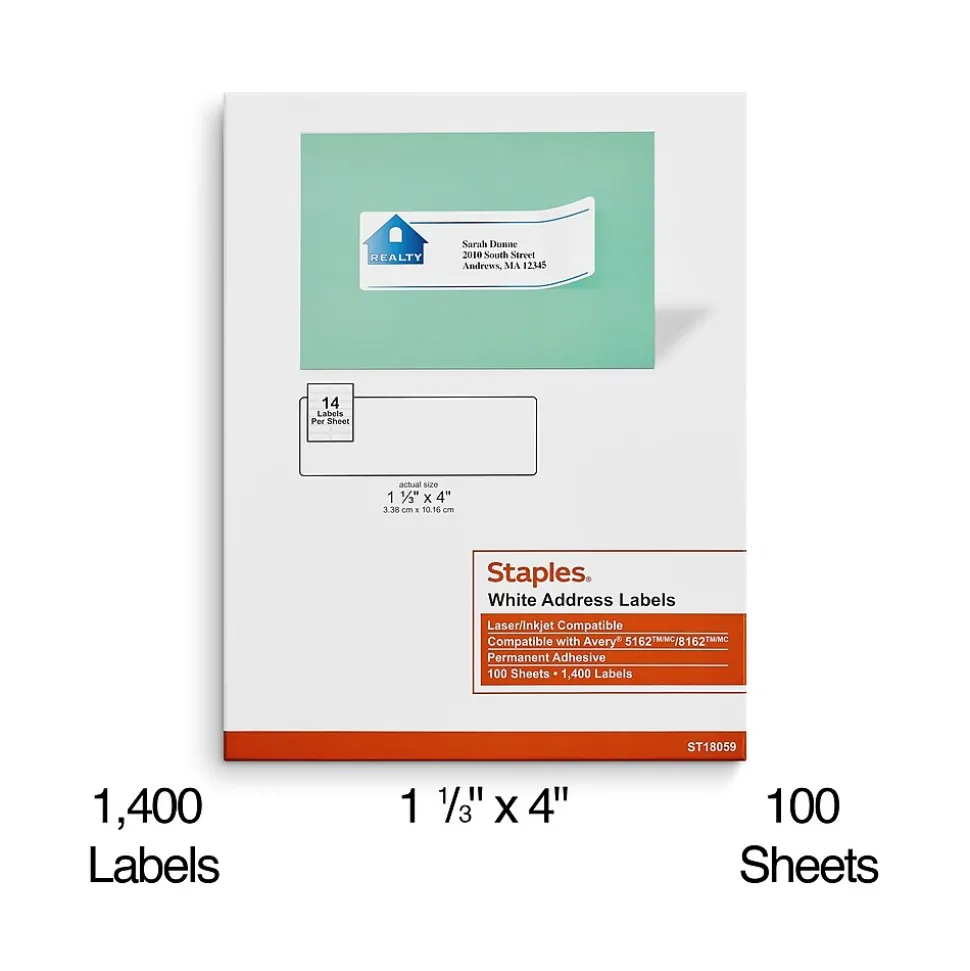Laser/Inkjet Address Labels, 1 1/3" x 4", White, 14 Labels/Sheet, 100 Sheets/Pack, 1400 Labels/Pack (18059/SIWO120) | Staples Fashion