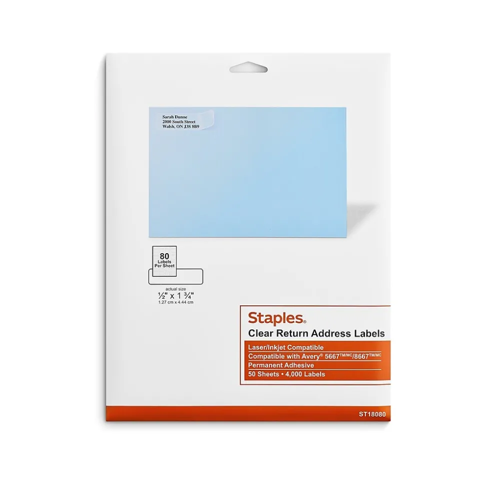 Laser/Inkjet Address Labels, 1/2" x 1 3/4", Clear, 80 Labels/Sheet, 50 Sheets/Pack, 4000 Labels/Box (18080/SLCK090) | Staples Cheap