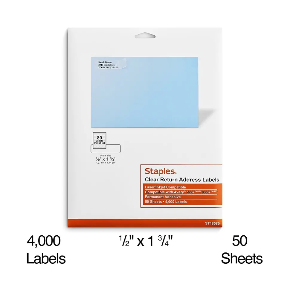 Laser/Inkjet Address Labels, 1/2" x 1 3/4", Clear, 80 Labels/Sheet, 50 Sheets/Pack, 4000 Labels/Box (18080/SLCK090) | Staples Cheap
