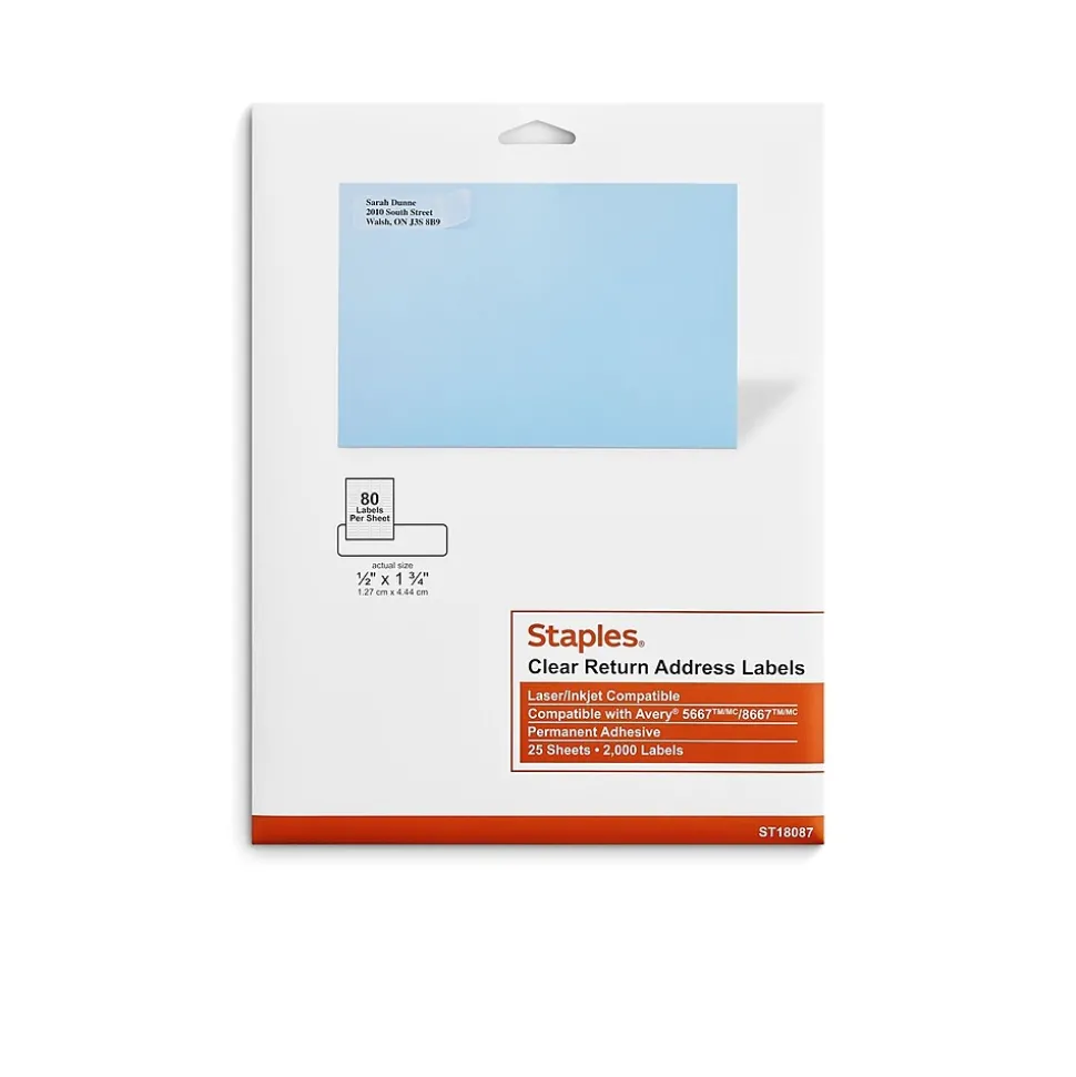 Laser/Inkjet Address Labels, 1/2" x 1 3/4", Clear, 80 Labels/Sheet, 25 Sheets/Pack, 2000 Labels/Box (18087/SCNJ090) | Staples Best