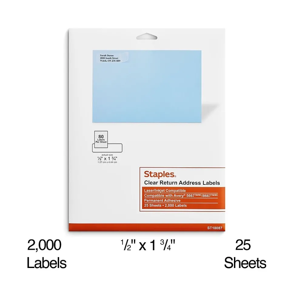 Laser/Inkjet Address Labels, 1/2" x 1 3/4", Clear, 80 Labels/Sheet, 25 Sheets/Pack, 2000 Labels/Box (18087/SCNJ090) | Staples Best