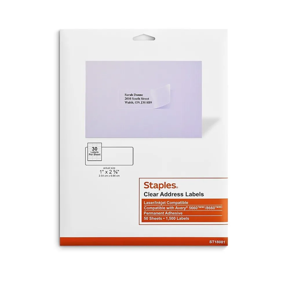 Laser/Inkjet Address Labels, 1 X 2 5/8", Clear, 30 Labels/Sheet, 50 Sheets/Pack, 1500/Box (ST18081-CC) | Staples Fashion