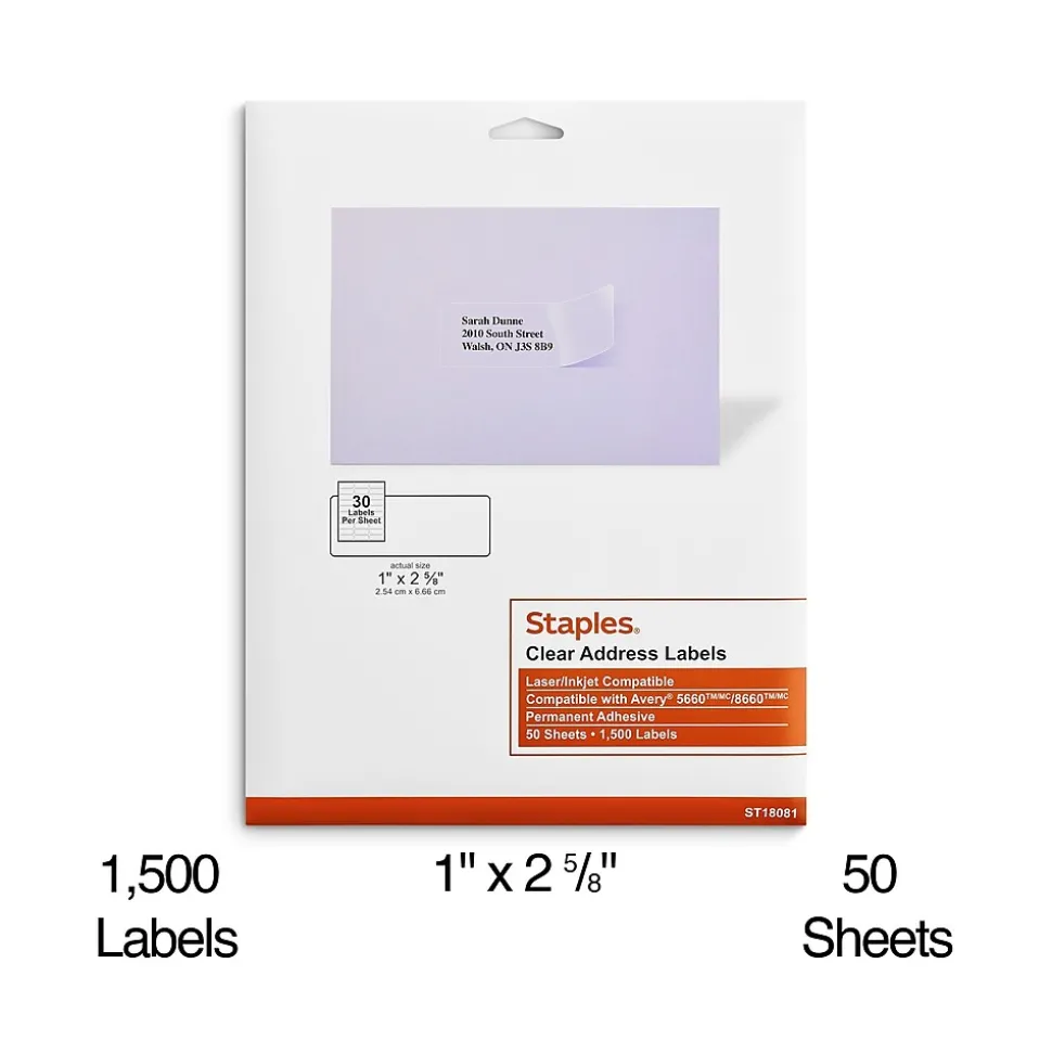 Laser/Inkjet Address Labels, 1 X 2 5/8", Clear, 30 Labels/Sheet, 50 Sheets/Pack, 1500/Box (ST18081-CC) | Staples Fashion