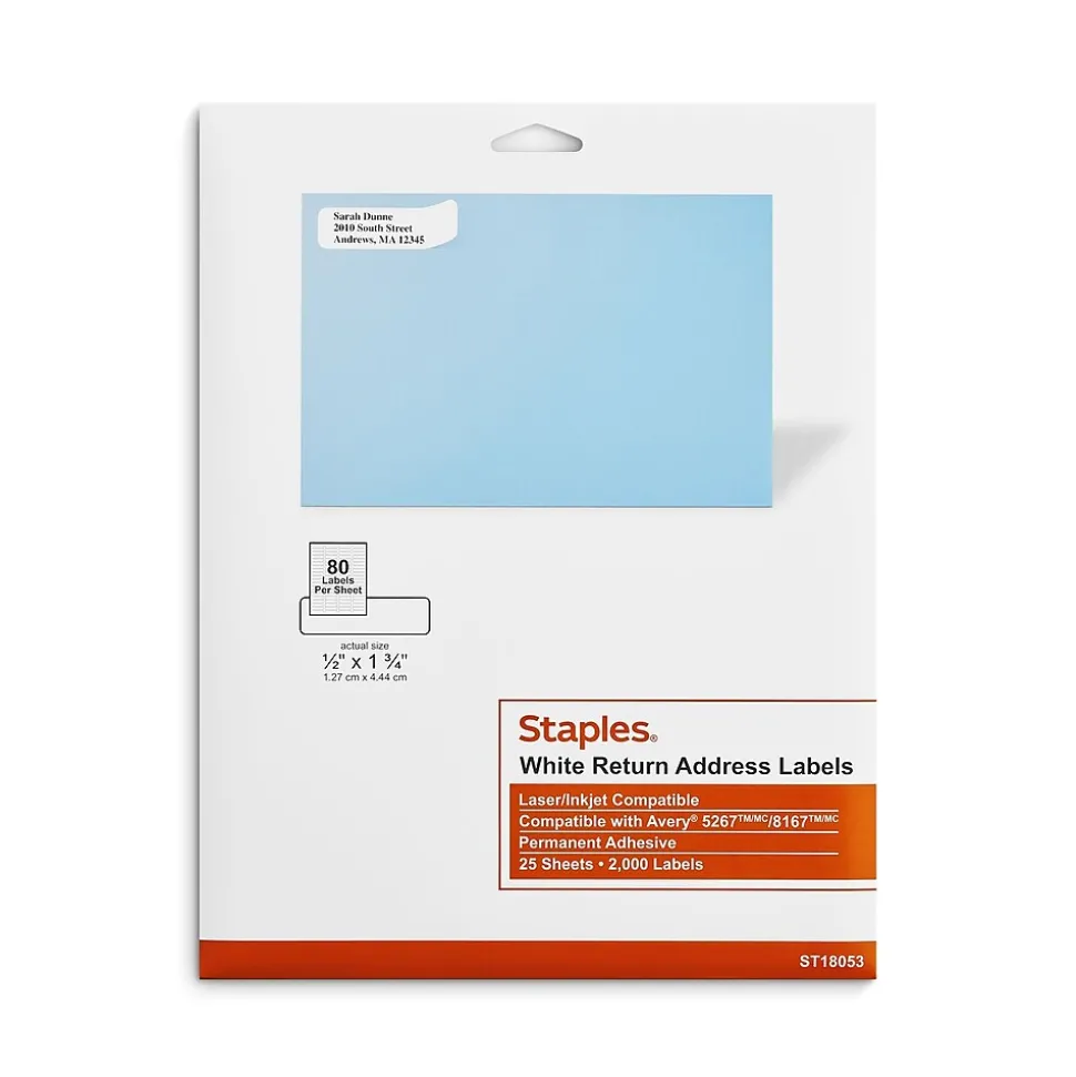 Laser/Inkjet Address Labels, 1/2" x 1 3/4", White, 80 Labels/Sheet, 25 Sheets/Pack, 2000 Labels/Box (ST18053-CC) | Staples Best Sale