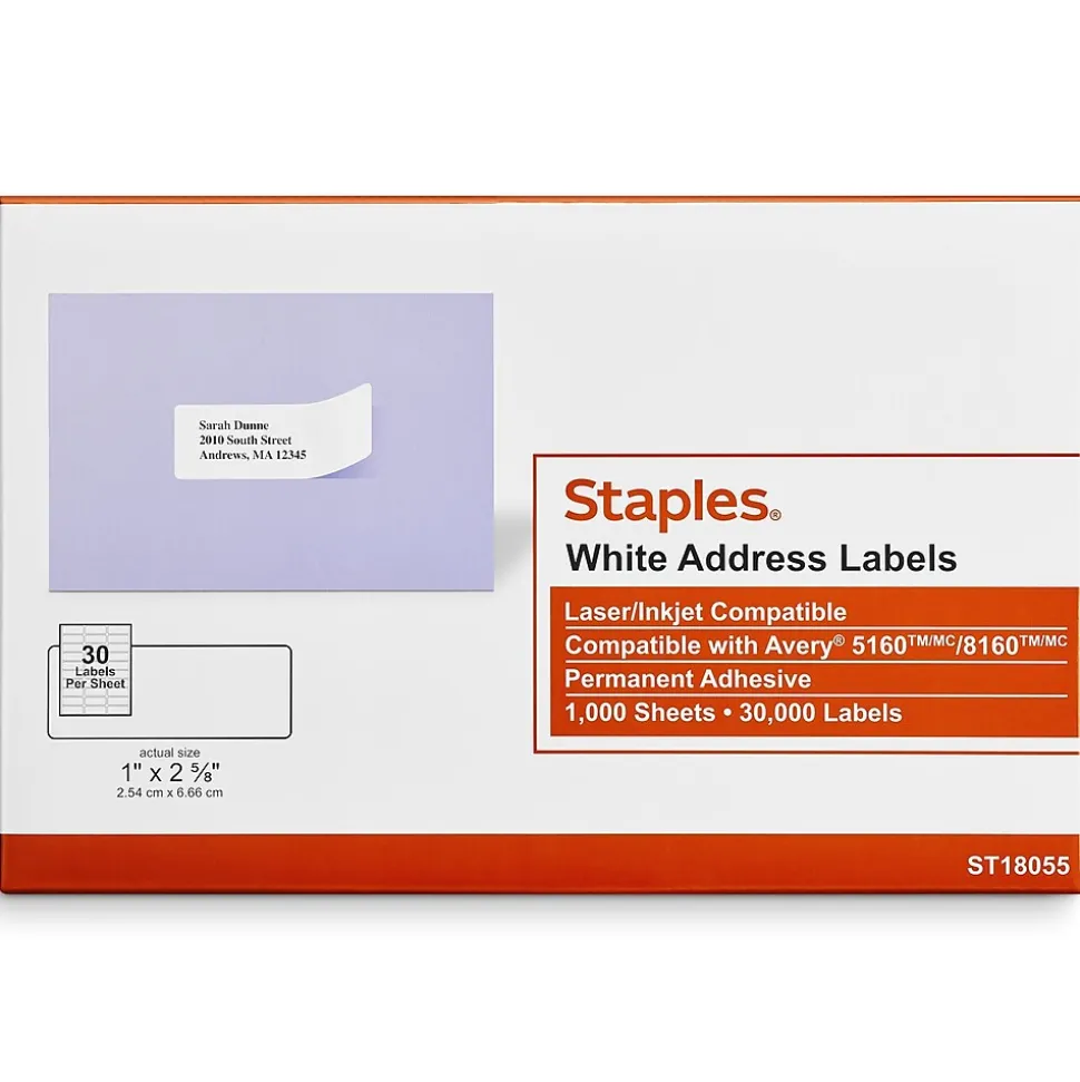 Laser/Inkjet Address Labels, 1" x 2 5/8", White, 30 Labels/Sheet, 1000 Sheets/Pack, 30,000 Labels/Box (18055) | Staples Best Sale