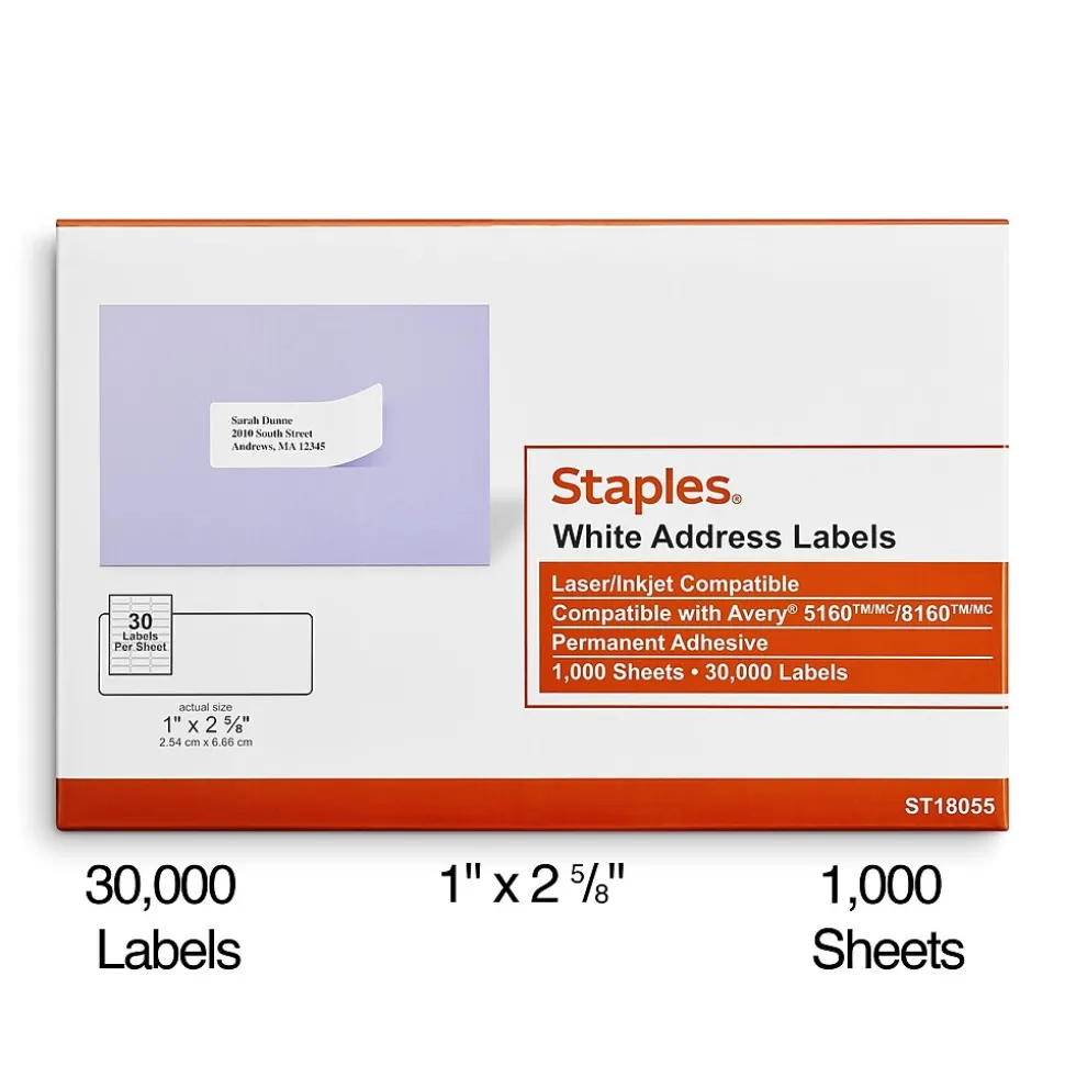 Laser/Inkjet Address Labels, 1" x 2 5/8", White, 30 Labels/Sheet, 1000 Sheets/Pack, 30,000 Labels/Box (18055) | Staples Best Sale