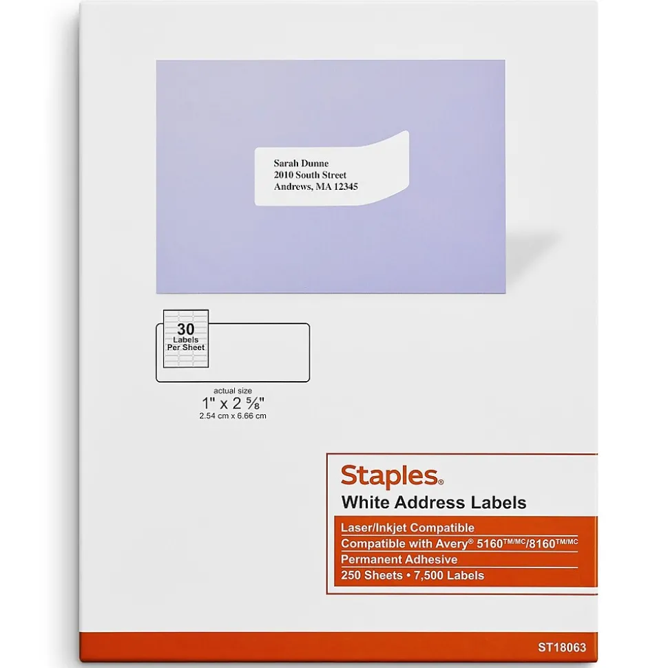 Laser/Inkjet Address Labels, 1" x 2 5/8", White, 30 Labels/Sheet, 250 Sheets/Pack, 7500 Labels/Box (18063/SIWT100) | Staples Fashion