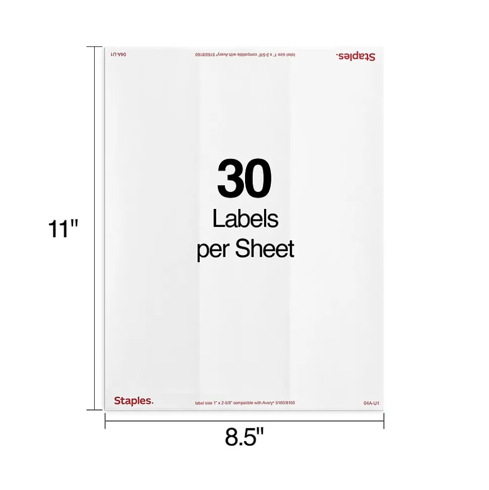 Laser/Inkjet Address Labels, 1" x 2 5/8", White, 30 Labels/Sheet, 250 Sheets/Pack, 7500 Labels/Box (18063/SIWT100) | Staples Fashion
