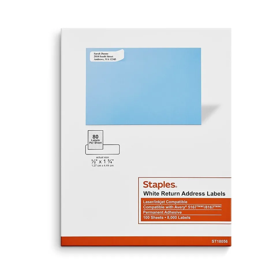 Laser/Inkjet Address Labels, 1/2" x 1 3/4", White, 80 Labels/Sheet, 100 Sheets/Pack, 8000 Labels/Box (18056/SIWO090) | Staples Fashion