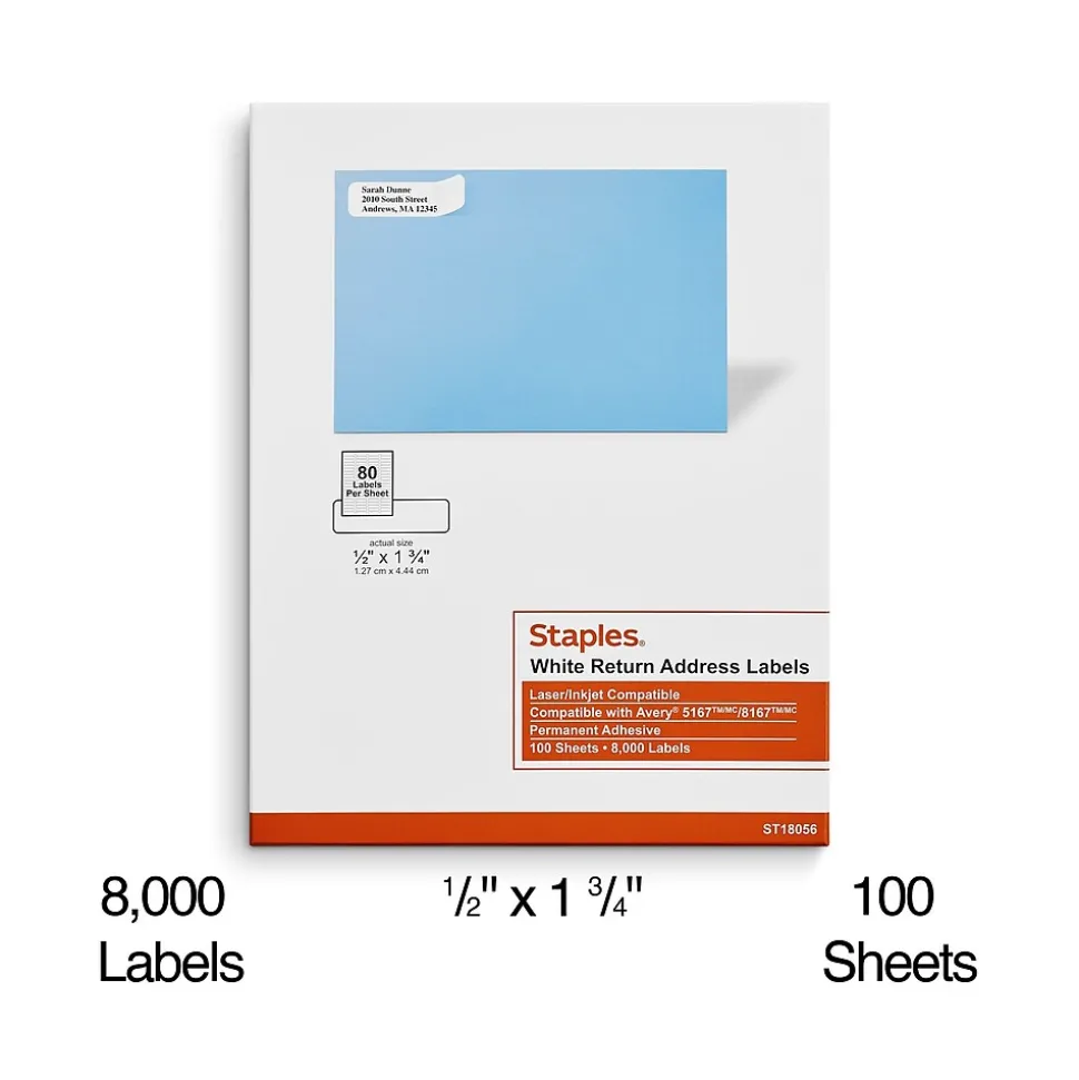 Laser/Inkjet Address Labels, 1/2" x 1 3/4", White, 80 Labels/Sheet, 100 Sheets/Pack, 8000 Labels/Box (18056/SIWO090) | Staples Fashion