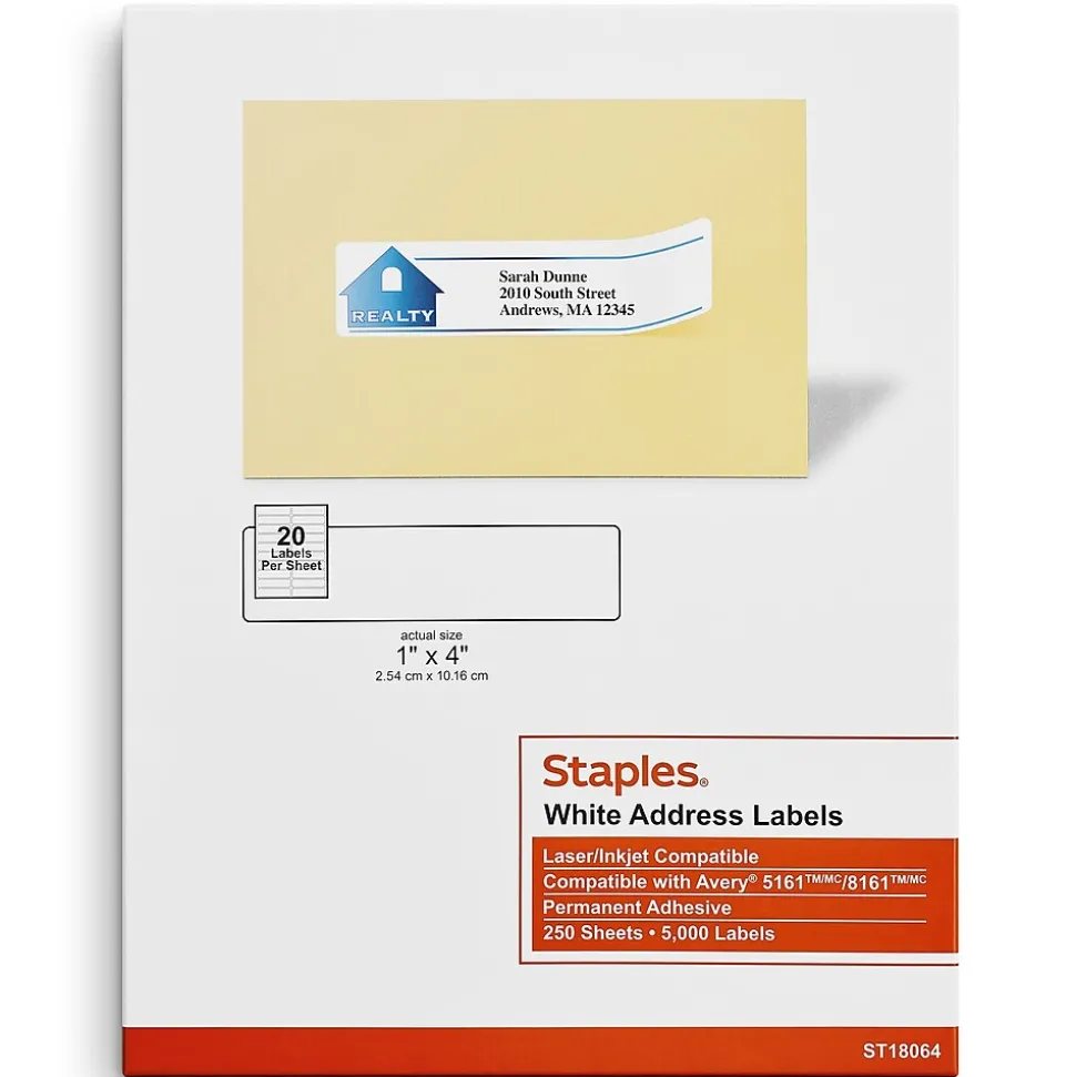 Laser/Inkjet Address Labels, 1" x 4", Bright White, 20 Labels/Sheet, 250 Sheets/Box, 5000 Labels/Box (18064) | Staples Outlet