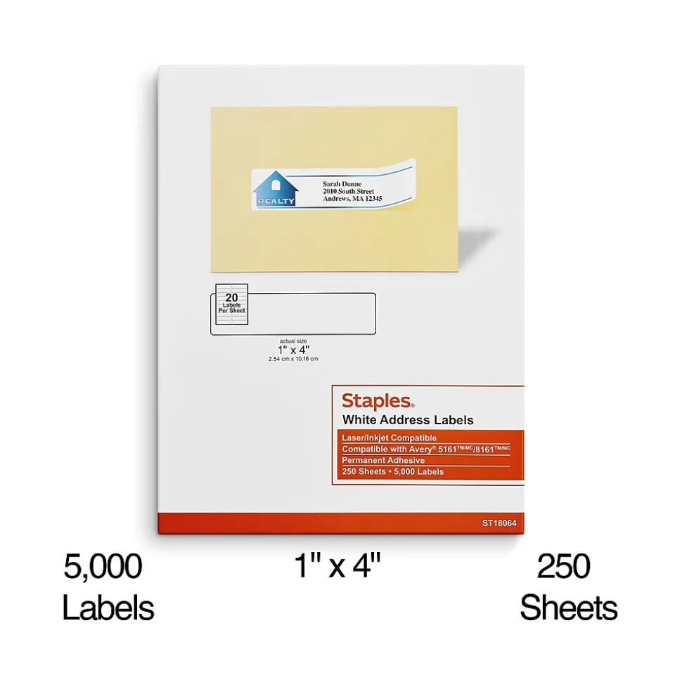 Laser/Inkjet Address Labels, 1" x 4", Bright White, 20 Labels/Sheet, 250 Sheets/Box, 5000 Labels/Box (18064) | Staples Outlet