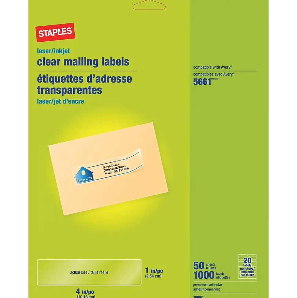 Laser/Inkjet Address Labels, 1" x 4", Clear, 20 Labels/Sheet, 50 Sheets/Box, 1000 Labels/Box (18082) | Staples Flash Sale