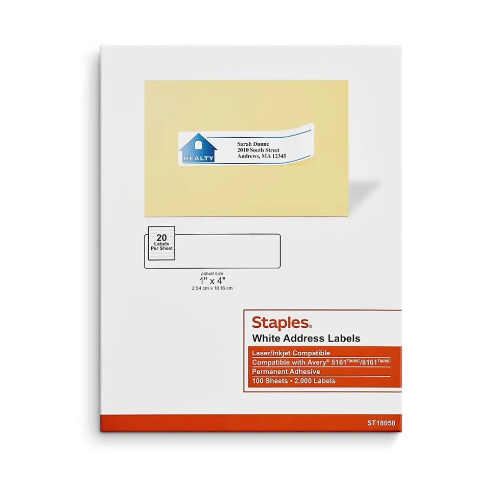 Laser/Inkjet Address Labels, 1" x 4", White, 20 Labels/Sheet, 100 Sheets/Pack, 2000 Labels/Box (18058/SIWO110) | Staples Flash Sale