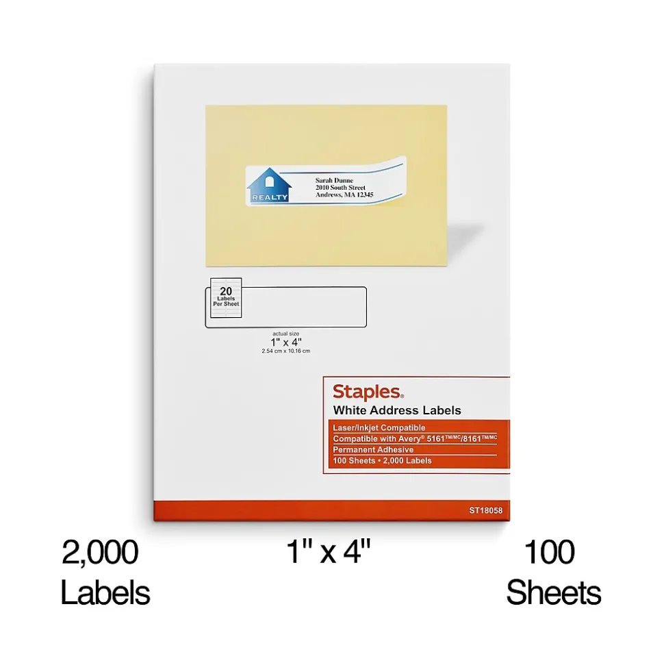 Laser/Inkjet Address Labels, 1" x 4", White, 20 Labels/Sheet, 100 Sheets/Pack, 2000 Labels/Box (18058/SIWO110) | Staples Flash Sale
