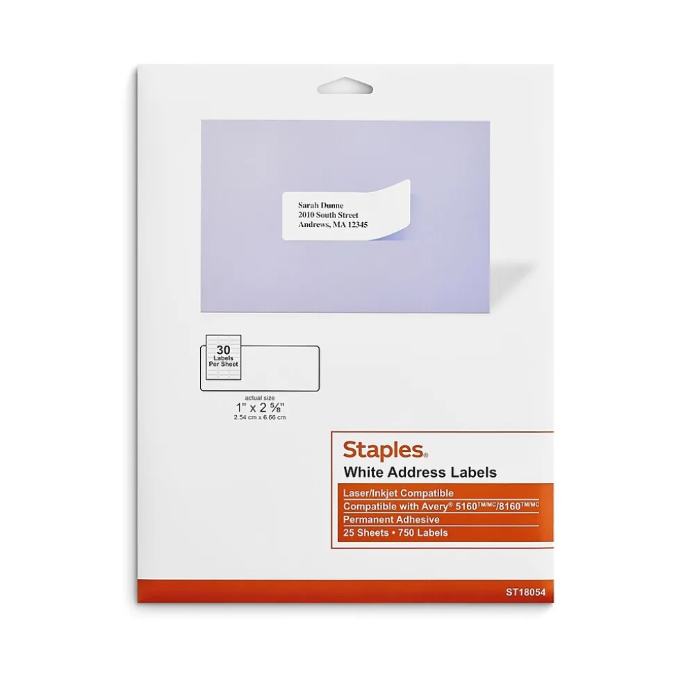 Laser/Inkjet Address Labels, 1" x 2-5/8", White, 30 Labels/Sheet, 25 Sheets/Pack (ST18054-CC) | Staples New