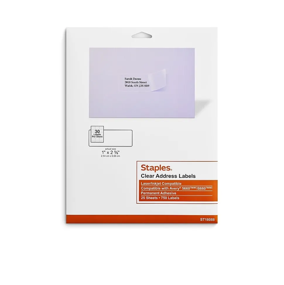 Laser/Inkjet Address Labels Address Labels, 1 X 2 5/8", Clear, 30 Labels/Sheet, 25 Sheets/Pack, 750 Labels/Box | Staples Online