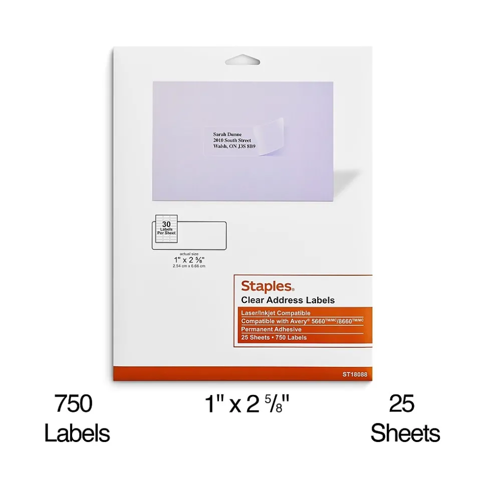 Laser/Inkjet Address Labels Address Labels, 1 X 2 5/8", Clear, 30 Labels/Sheet, 25 Sheets/Pack, 750 Labels/Box | Staples Online