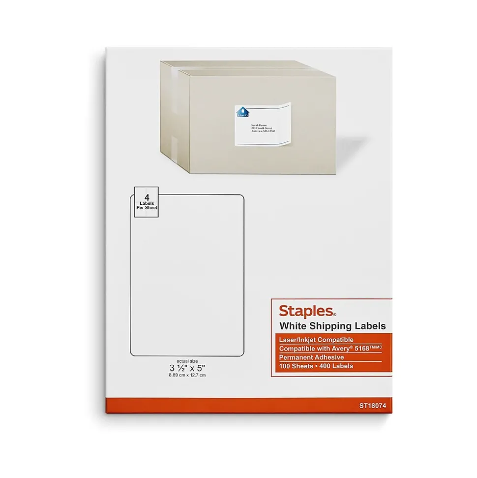 Laser/Inkjet Shipping Labels, 3 1/2" x 5", Bright White, 4 Labels/Sheet, 100 Sheets/Pack, 400 Labels/Box (18074-CC) | Staples Store