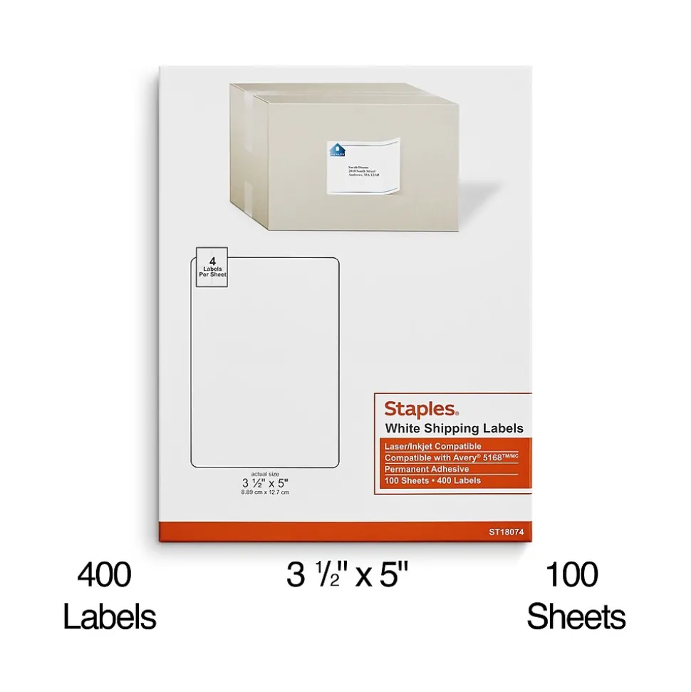Laser/Inkjet Shipping Labels, 3 1/2" x 5", Bright White, 4 Labels/Sheet, 100 Sheets/Pack, 400 Labels/Box (18074-CC) | Staples Store