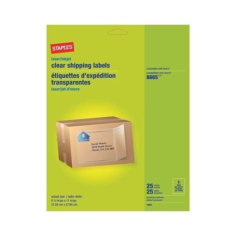 Laser/Inkjet Shipping Labels, 8-1/2" x 11", Clear, 1 Label/Sheet, 25 Sheets/Pack (18091-CC) | Staples Flash Sale