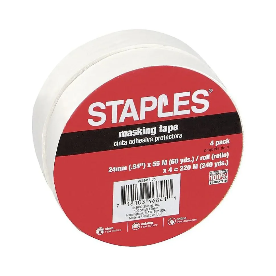 Masking Tape, 0.94" x 60 yds., Natural, 4/Pack, 12 Packs/Case (468413-CC) | Staples Hot