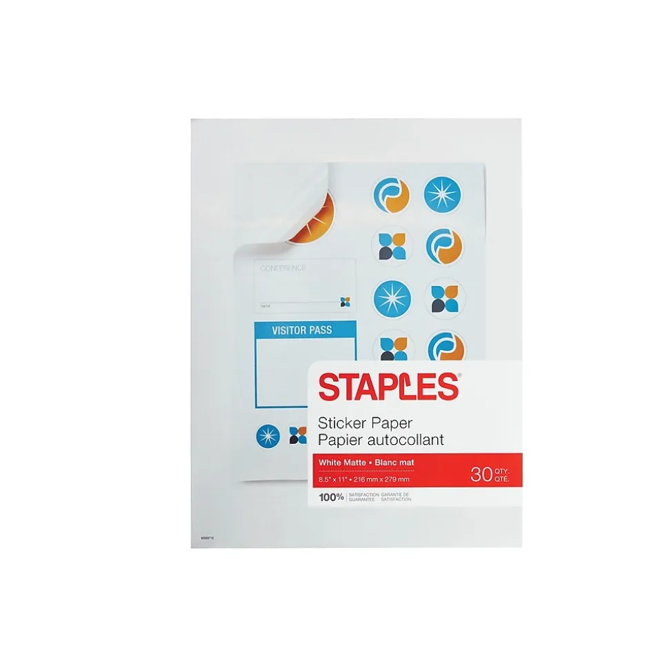 Sticker Paper, 8.5" x 11", White Matte, 30/Pack (70972) | Staples Hot