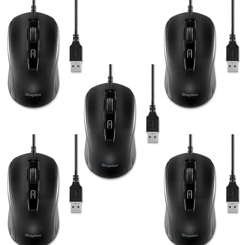 Ambidextrous Optical USB Mouse, Black, 5/Pack (ST62598-5ppk-VB) | Staples TECH Sale